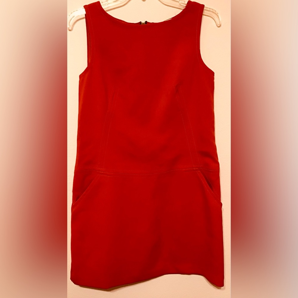Ann Taylor Loft red sleeveless midi dress with front pockets and zipper in back